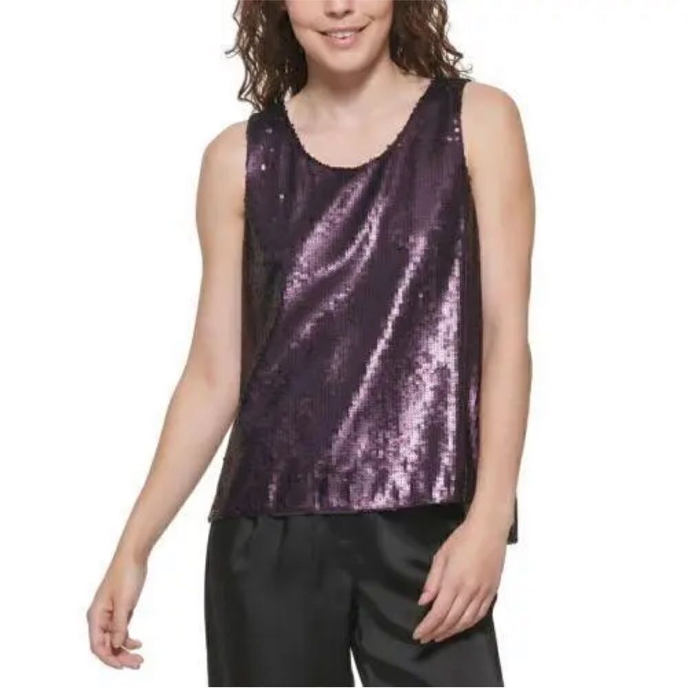 NWT DKNY Sequin Tank Top Womens‎ Regal Purple Split Back P1JA6KDQ Size S